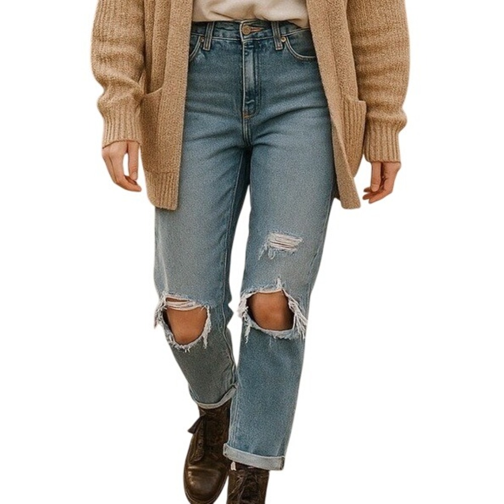 American Eagle Light Wash Distressed Denim Ripped Mom Jeans
